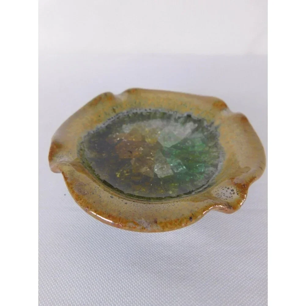 Vintage Crushed Glass Ceramic Ashtray Brown Green Multicolor Pottery Retro Decor